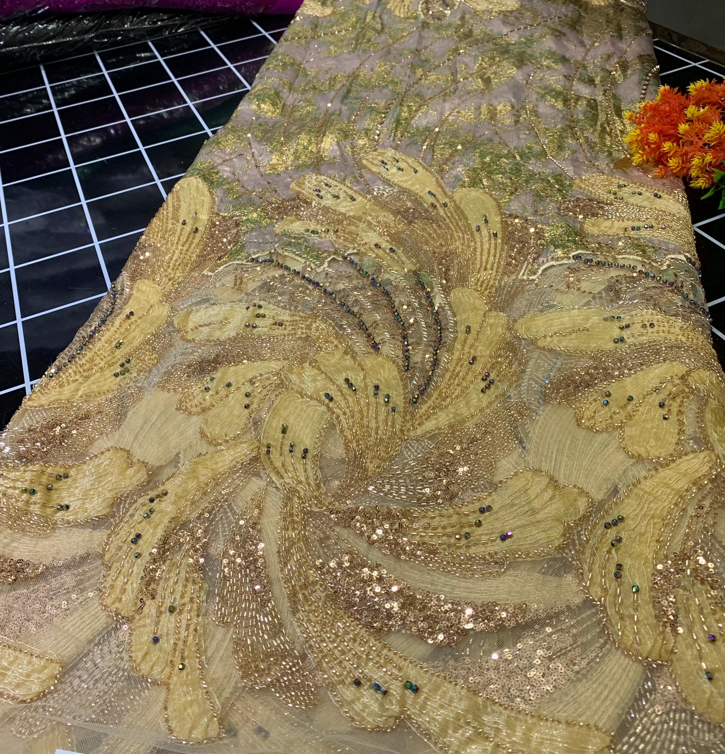3D BEADED DAMASK-GOLD (MOQ 5YRDS ABOVE)