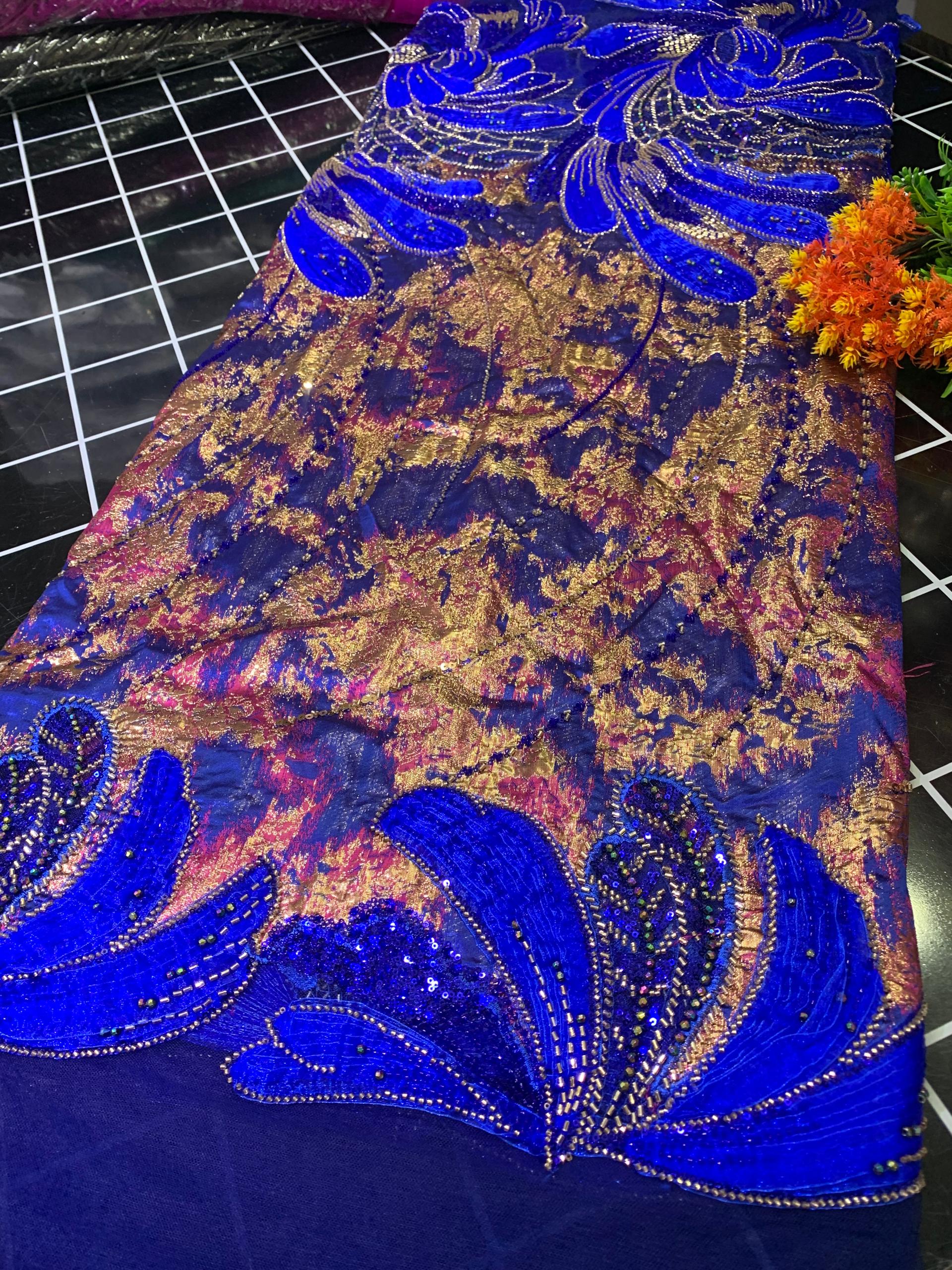 3D BEADED DAMASK-ROYAL BLUE (MOQ 5YRDS ABOVE)