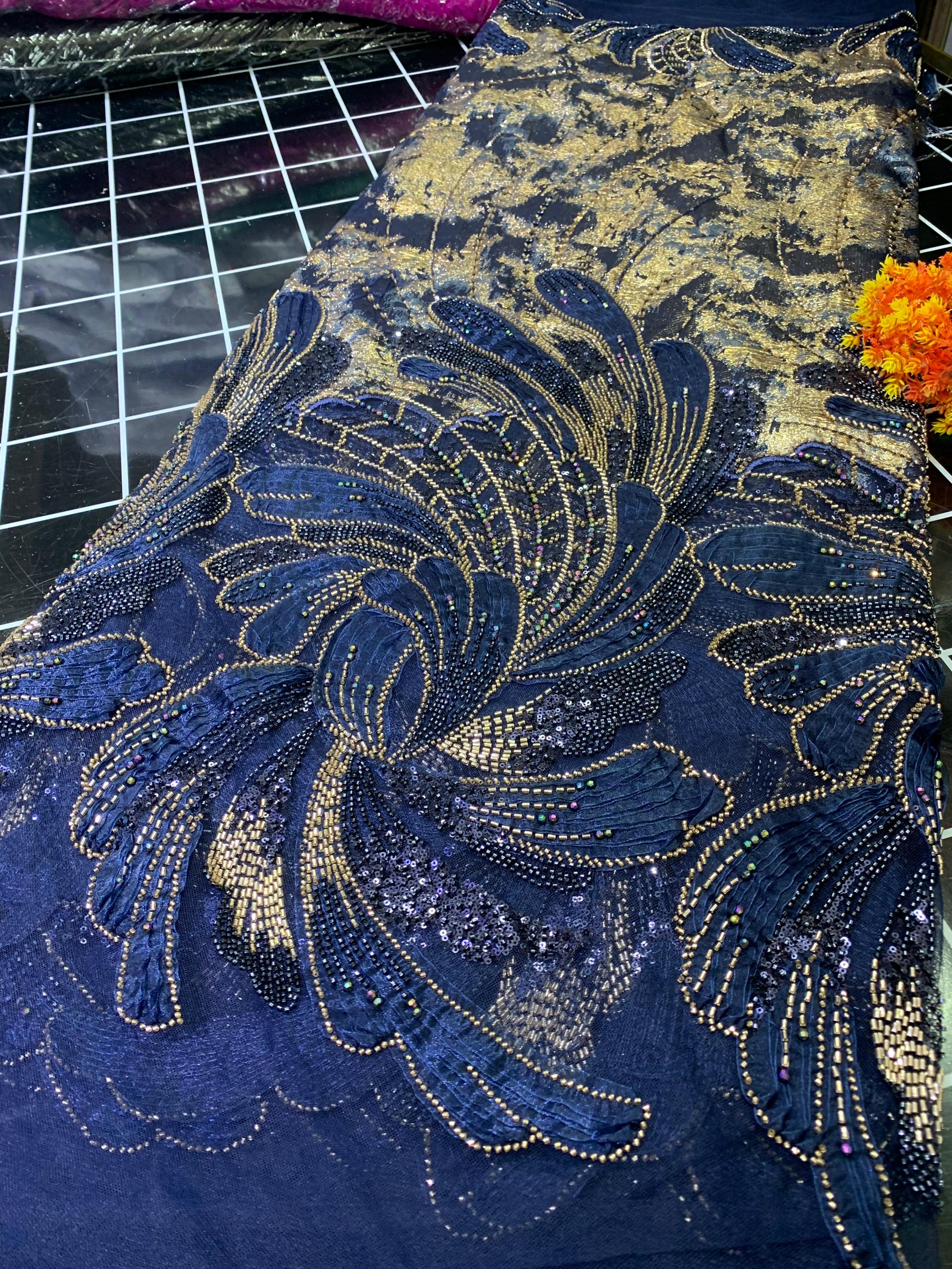 3D BEADED DAMASK-N.BLUE (MOQ 5YRDS ABOVE)
