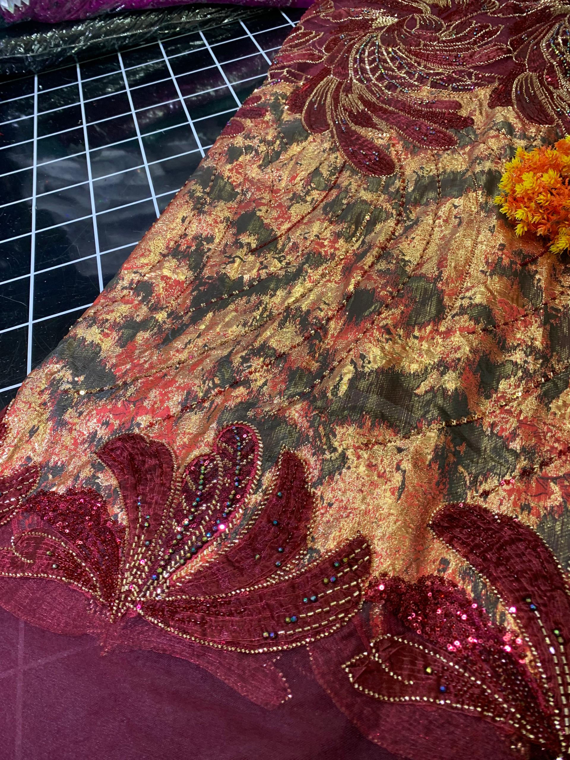 3D BEADED DAMASK-WINE (MOQ 5YRDS ABOVE)