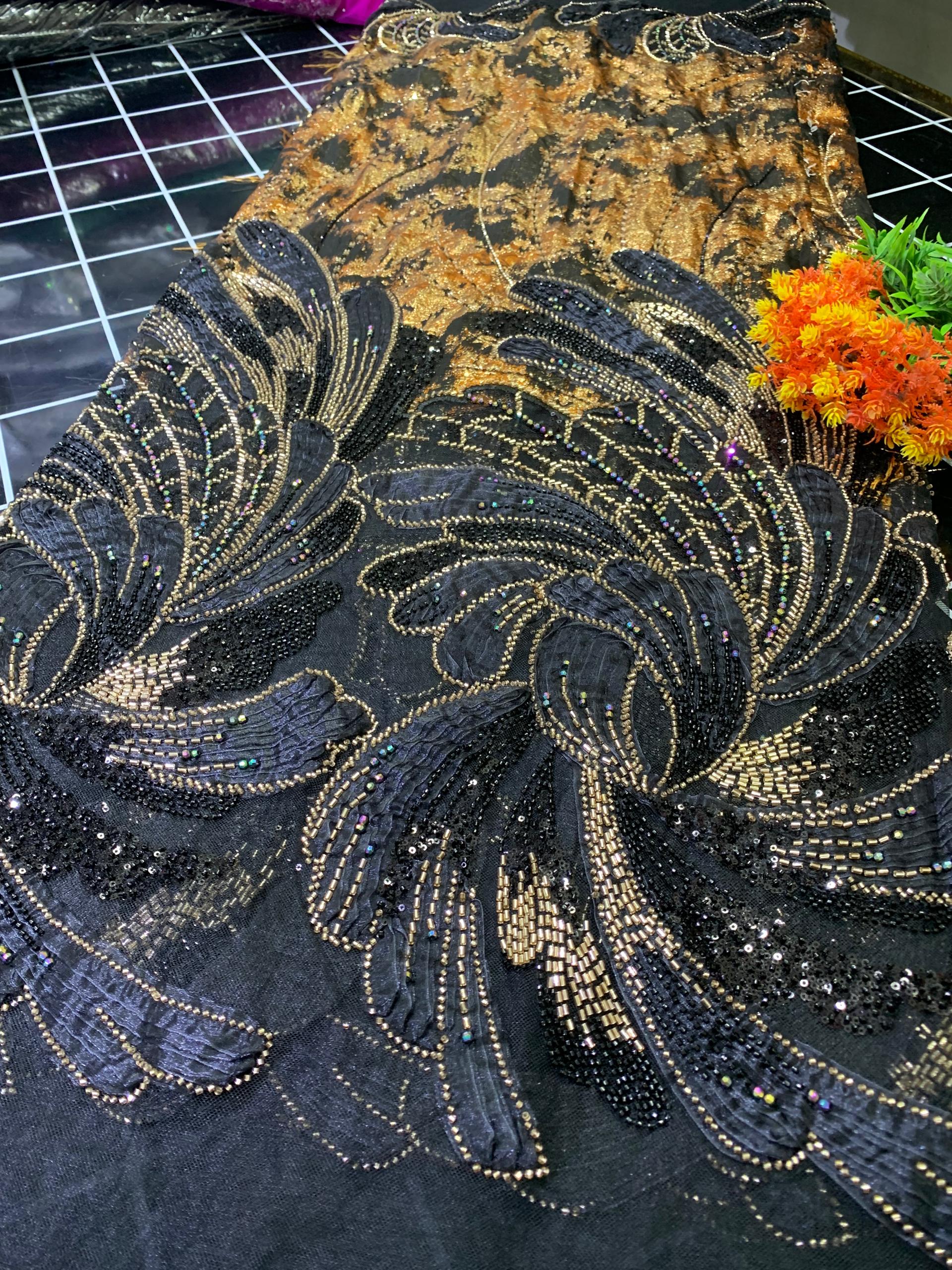 3D BEADED DAMASK-BLACK&B.ORANGE (MOQ 5YRDS ABOVE)