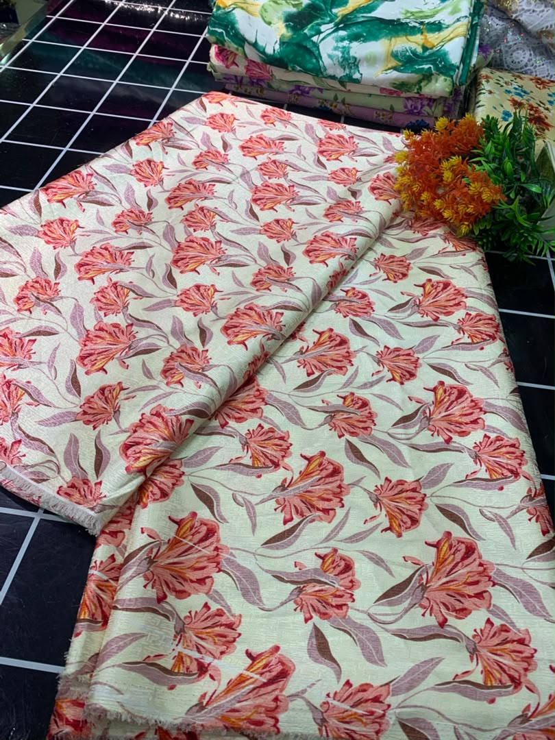 DAMASK SILK - CREAM AND ORANGE ( MOQ 6 YARDS)